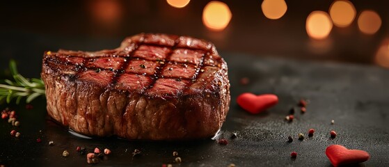 A Perfectly Grilled Steak Sits On A Dark Surface, Accompanied By Small Hearts And Peppercorns.  A Romantic, Delicious Scene.