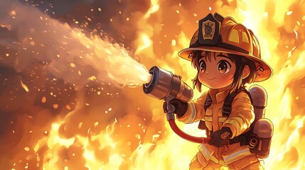 Chibi Firefighter Using Big Foam Extinguisher to Fight Flames