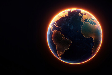 Fototapeta premium surreal globe encircled by glowing lines, highlighting continents against dark background. illuminated edges create futuristic and captivating visual effect