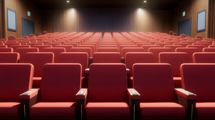 Fototapeta premium spacious cinema hall featuring rows of red seats, creating warm and inviting atmosphere for moviegoers. design emphasizes comfort and accessibility, perfect for enjoying films