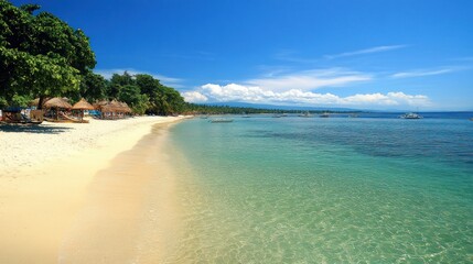 Fototapeta premium Idyllic Tropical Beach Scene With Boats And Clear Water