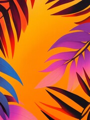 Vibrant tropical leaves in shades of blue, purple, and red against a warm orange background