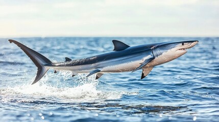Fototapeta premium Blue Shark's Oceanic Leap: A Dynamic Marine Wildlife Photograph