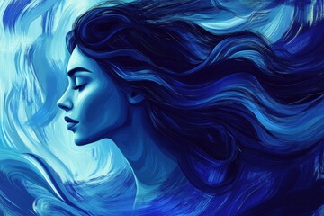 Serene Woman Profile Abstract Blue Waves Painting