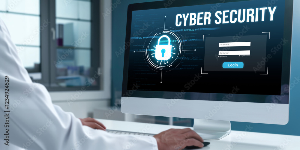 Poster cyber security system on computer screen protect private information brisk from hacker and cyber att