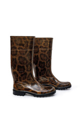 Stylish rain boots with a leopard print pattern on a white background