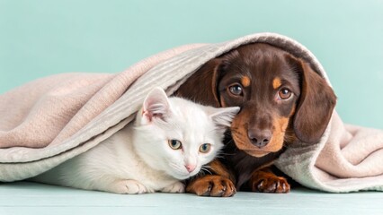 Cozy Kitten and Dachshund Under Blanket Close-up Pet Photography, Pastel Background, Friendship Concept Pet Photography, Animal Friends