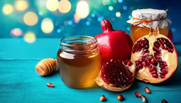 rosh hashana jewish new yr history with pomegranate apple and honey traditional food for the vacation - Powered by Adobe