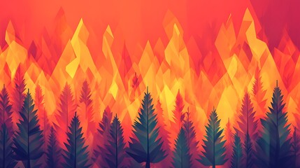 Geometric Graphic Design of Climbing Flames Over Forest Silhouette