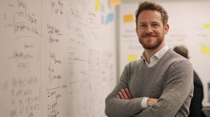 Presentation, writing and people in business meeting, manager or presenter training, ideas and planning. Happy man on whiteboard for proposal, pitch and clients or staff with startup notes or agenda