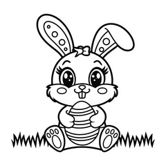 Cute Cartoon Bunny Holding Easter Egg – Kawaii Outline Illustration