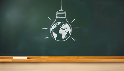 A light bulb with a globe inside, drawn in chalk on a school chalkboard. Earth hour concept. Save the world. Save our planet, dreamy atmosphere, with white tones
