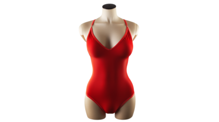 Red one-piece swimsuit displayed on mannequin with transparent background