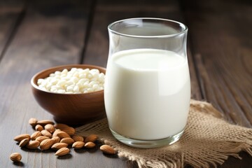 Almond milk in a glass with puffed grains and almonds on a rustic wooden table, promoting healthy eating and vegan options