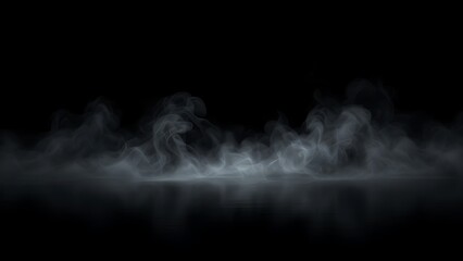 Dry ice smoke clouds fog floor texture. Perfect spotlight mist effect on isolated black background.