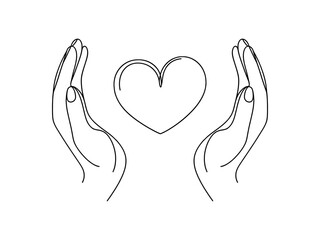 Hands holding heart. One continuous line drawing of support, charity concept. Vector illustration.