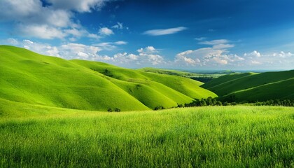 Obraz premium abstract summer hilly landscape with meadows plants blue sky and clouds