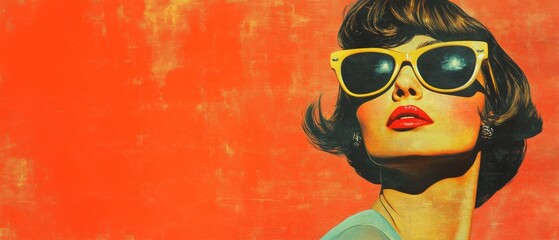 Stylish adult woman with yellow sunglasses and red lipstick looking up against orange background Concept of retro fashion, beauty, and vintage style
