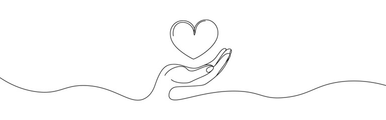 Hand holding heart. One continuous line drawing of support, charity concept. Vector illustration.