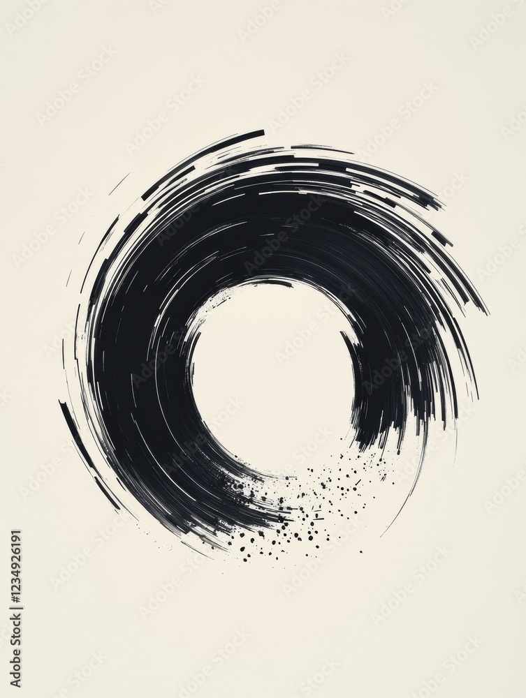 Fototapete Abstract black circular brush stroke artwork with dynamic motion and texture on a light background. Generative AI