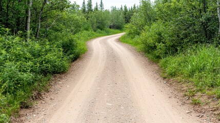 Obraz premium Serene Dirt Road Winding Through Lush Green Forest Landscape in Rural Nature Setting Under Clear Sky