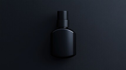 Fototapeta premium Presented in a top view, a mockup displays a black fragrance perfume bottle against a dark empty background, providing a horizontal orientation.