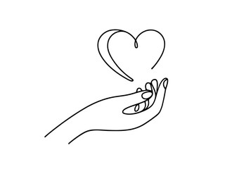 Hand holding heart. One continuous line drawing of support, charity concept. Vector illustration.