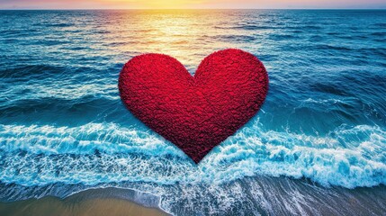 Fototapeta premium Heart shape over ocean waves at sunset creates a romantic scene.
