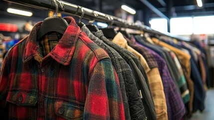 Vintage Plaid Shirts Hanging on Rack in Thrift Store