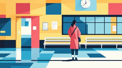 Woman Waiting in a Colorful Modern Lobby