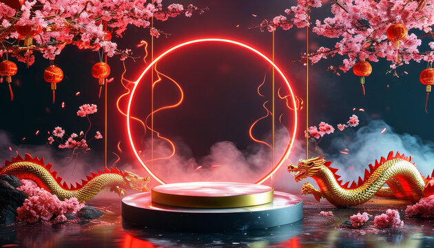 Red Lunar New Year themed product display podium background, red lunar new year decorated, Golden Galaxy futuristic product pedestal, neon cyberpunk square frame, cherry blossoms, Golden dragon dance