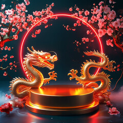 Obraz premium Red Lunar New Year themed product display podium background, red lunar new year decorated, Golden Galaxy futuristic product pedestal, neon cyberpunk square frame, cherry blossoms, Golden dragon dance