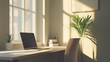 Fototapeta premium A Modern Minimalist Home Office With a Sleek Laptop on a Bright Desk Surrounded by Natural Light and Greenery for a Fresh Work Environment