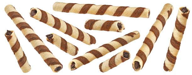 Waffle rolls, striped chocolate and vanilla wafer sticks isolated on white background, full depth of field
