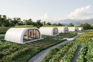 Fototapeta premium Modern eco-friendly homes surrounded by lush greenery and gardens, featuring curved creations and large windows, set against a scenic mountain backdrop.
