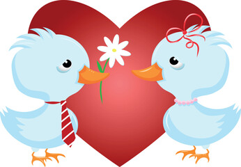 Ducklings on the background of the heart, vector illustration, Valentine's Day, February 14