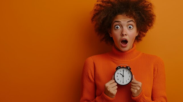 An excited young lady with curly hair holds a clock, expressing shock as time is running out. Vibrant background with copy space, perfect for urgency concepts.







