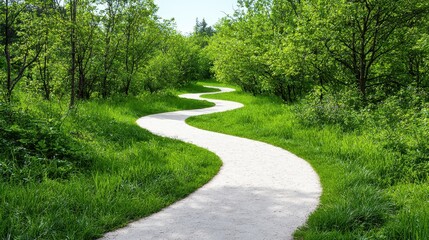 Obraz premium Winding Path Through Lush Green Forest Surrounded by Vibrant Fresh Foliage and Clear Blue Sky