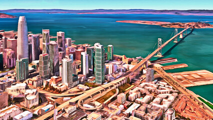 San Francisco, California, USA. Aerial view of the city, skyscrapers, bay and Golden Gate Bridge. Digital painting