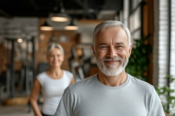 A happy old couple embracing a healthy lifestyle at the gym, smiling with joy and confidence. Their active fitness routine promotes well-being and vitality.






