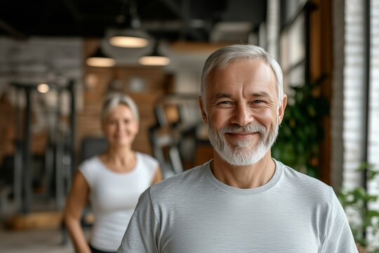 A happy old couple embracing a healthy lifestyle at the gym, smiling with joy and confidence. Their active fitness routine promotes well-being and vitality.






