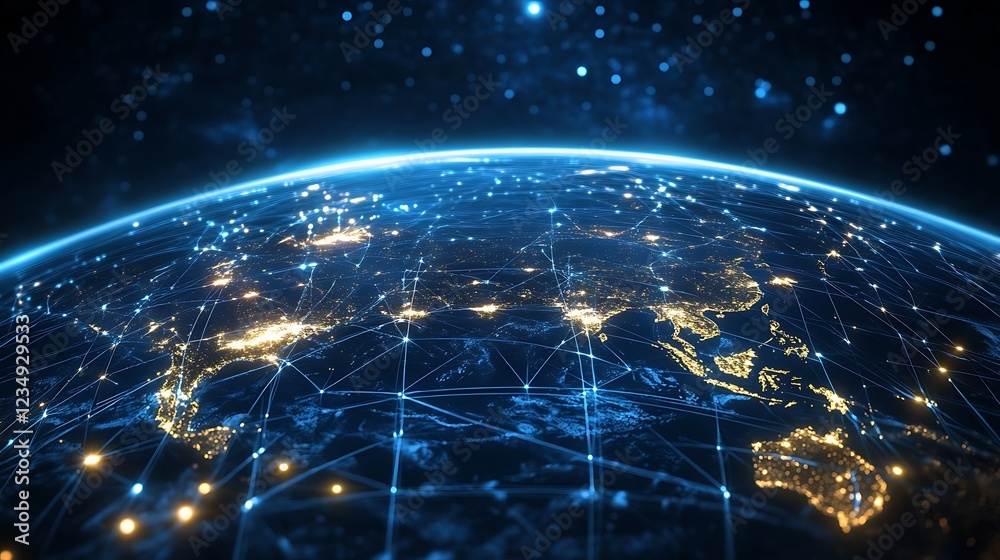 Poster global network: illuminated earth with interconnected data streams
