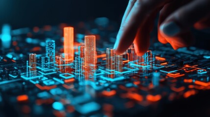 A hand interacts with glowing, digital cityscape visuals emerging from a virtual keyboard, symbolizing advanced technology and data.