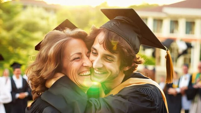 Happy smiling boy with mother, student and diploma on graduation outdoors, blue sky and pride in education celebration. Man and college or university degree for achievement, graduate and award for lea