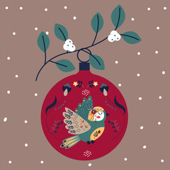  New Year's greeting card with bird and folk elements. A holiday card in nordic style. Scandinavian art. Christmas illustrations in vector