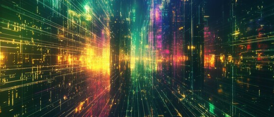 Abstract futuristic digital network with glowing lines and colorful lights, concept of technology, data, and cyberspace