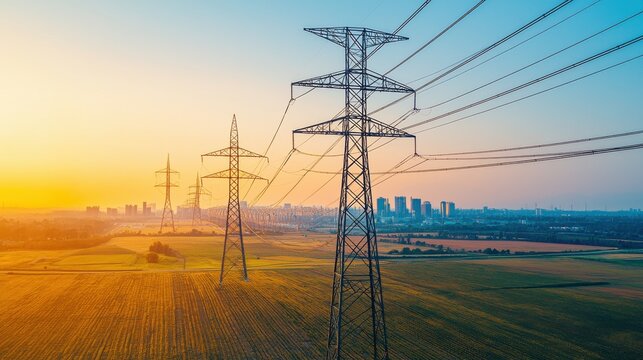 A scenic view of power lines against a sunset, showcasing energy infrastructure in an open landscape with a city skyline in the distance.