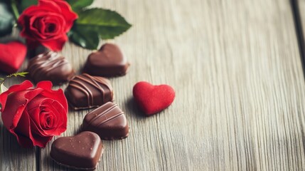 Roses and chocolates arranged on a wooden surface for romance.