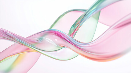 Iridescent pastel ribbons swirling and flowing on white background