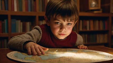 Curiosity sparks in a child exploring a detailed world map under warm light, a moment of discovery in a cozy library filled with books
